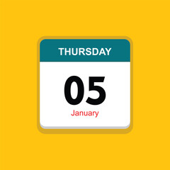 january 05 thursday icon with yellow background, calender icon