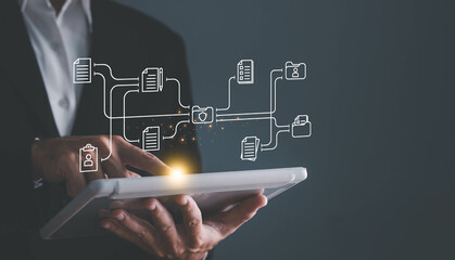 Document Management System concept. Online document file data software for efficient archiving. Enterprise content management, Digital asset management, Document imaging, Workflow, Records management.
