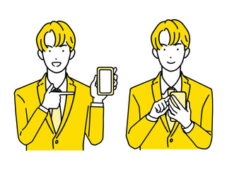 スマホで検索をする男性・スマホへ指差しして案内をする男性・ビジネスマン