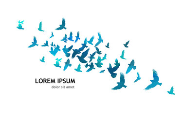 Fototapeta na wymiar A flock of blue watercolor flying birds. Free birds abstraction Vector illustration