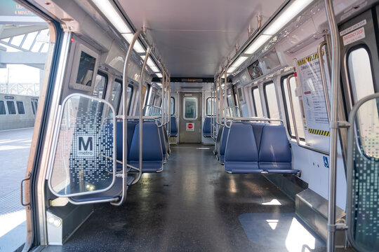 Subway car with empty seats. Empty Washington subway car.