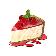 Watercolor dessert, cheesecake with raspberries and jam. Hand-drawn illustration isolated on white background. Perfect food menu, food drawing, design packing, bakery shop, cooking, tea party