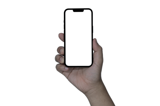 modern frameless design, Hand holding smart phone Mockup and screen Transparent and Clipping Path isolated for Infographic Business web site design app, holding smartphone.