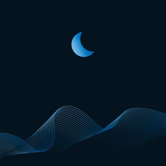 Linear abstract mountains waves on dark background, Moon over wavy linear hills backdrop. Asian motifs. Vector banner.