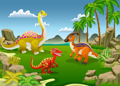 Cartoon Dinosaurs in Landscape In The Forest Pre Historic Era