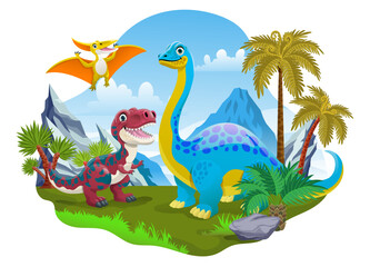 Fototapeta na wymiar Dinosaurs Cartoon Landscape Background Prehistoric Era
