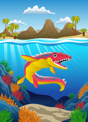 Fototapeta na wymiar Happy Cartoon Mosasaurus Dinosaurs In Prehistoric Underwater scene Illustration