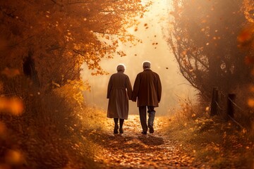 Fototapeta na wymiar Silhouette of senior couple walking together in love, harmony with the autumn nature. Concept of autumnal season of live, centering on love, health. Connection to nature and enjoying the present.