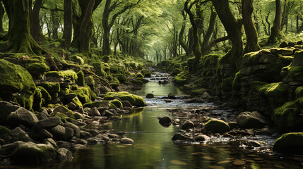 Venture into a dense and ancient primeval forest, where nature reigns supreme. Wallpaper concept. Generative AI.