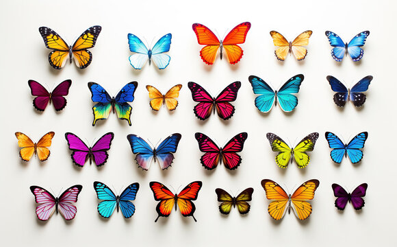 Tropical colorful butterflies isolated on a white background.