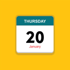 january 20 thursday icon with yellow background, calender icon