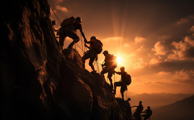Silhouette of the climbing team helping each other while climbing up in a sunset.