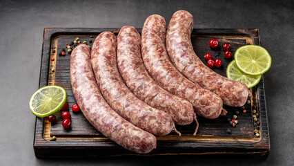 German cuisine. Raw sausages from the sausage on a wooden board, on a black background.