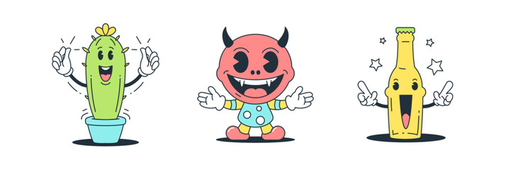 Cute baby devil cactus party bottle cartoon character set retro 30s animation style icon vector flat