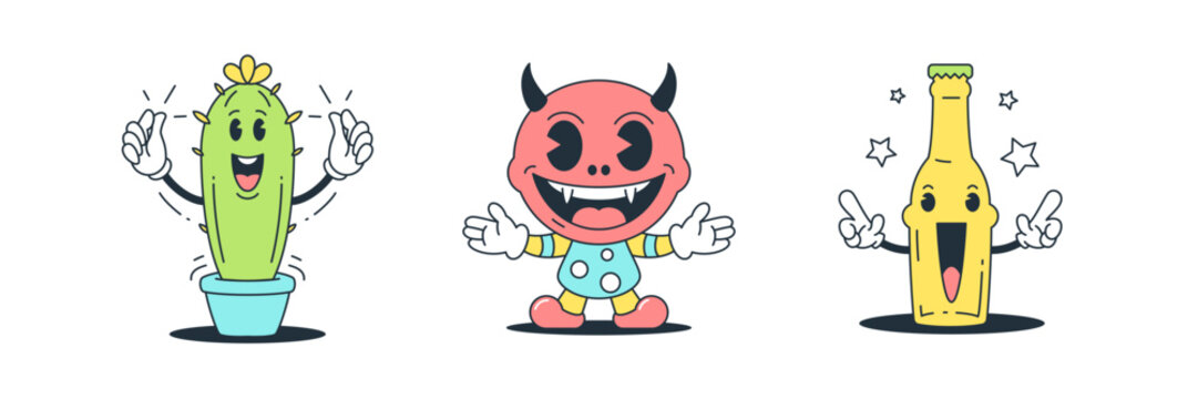 Cute baby devil cactus party bottle cartoon character set retro 30s animation style icon vector flat