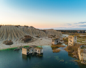 Aerial view of the lake by the underwater soviet prison in Rummu quarry, Estonia