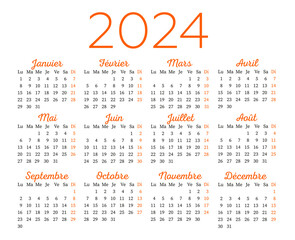 Calendar in French for 2024. The week starts on Monday.
