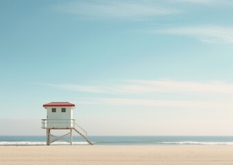 Beach Guardian: Lifeguard House in Minimalistic Serenity. Generative Ai