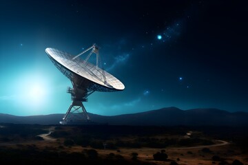Milky way and big antenna dish. Powerful telescope for astronomy searching. AI generative