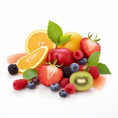 Vibrant Summer Delights: Raspberries, Strawberries, Orange, Pear, and Kiwi Bounty.