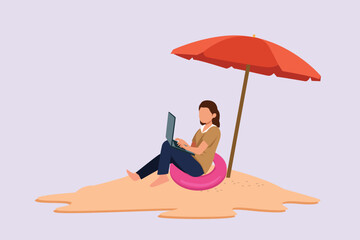 Freelancer working from home or beach at relaxed pace, convenient workplace concept. Colored flat vector illustration isolated. 