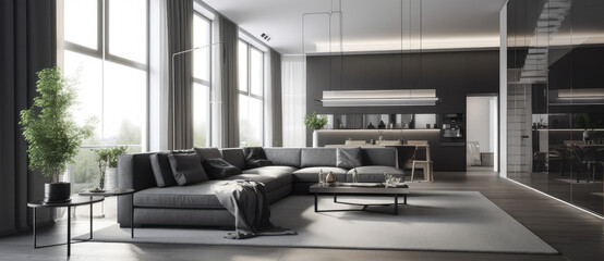 Fototapeta na wymiar rendering of the living room area of luxurious apartment building, generative AI