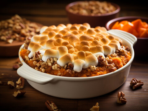 Thanksgiving day food, sweet potato casserole topped with marshmallows in baking dish on table. Festive winter dish served for family dinner. Mashed sweet potato. Oven baked sweet potato, autumn food