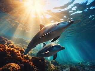 Obraz na płótnie Canvas Dolphins in their Natural Habitat, Wildlife Photography, Generative AI