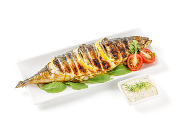 grilled mackerel with lemon and tomato on white background for menu 3