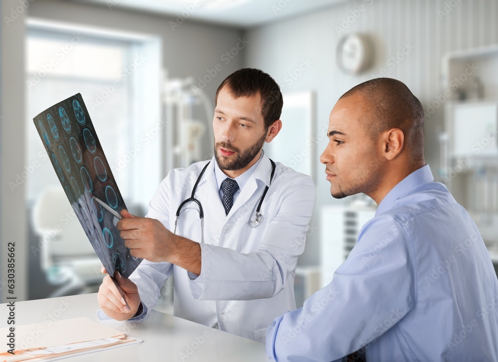 Wall mural doctor and patient with results for health clearance, AI generated image