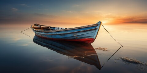 AI Generated. AI Generative. Wood boat ship on peace calm relaxung lake sea river water. Nature outdoor fishing landscape. Graphic Art