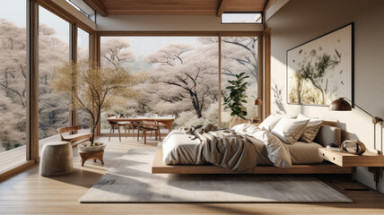 japandi house bedroom interior: light colors, olive tree: good lighting: large windows: render: photorealism