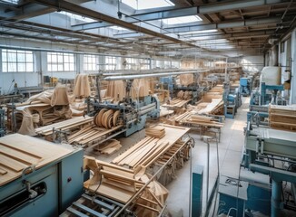 Fiberglass production industry equipment at manufacture background, wide-focus lens. Created with Generative AI technology.