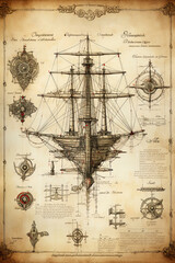 Nautical poster sketch design. Sailing and exploration. Generative Ai