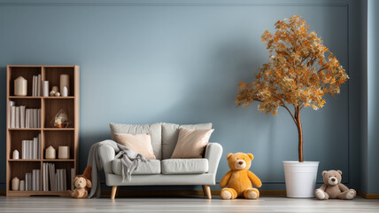 photograph of Interior of modern children's room with toy and furniture, playroom, kids room blue theme for house advertising and background telephoto lens daylight white