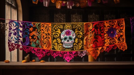 a papel picado banner with colorful skull and flower designs, hanging above an altar