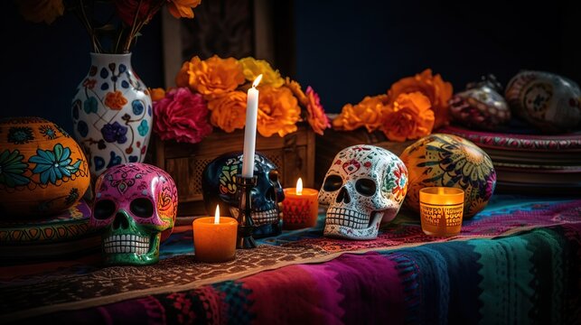 a traditionally painted sugar skulls on an altar, celebrating the Day of the Dead