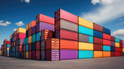 photograph of multicolored containers at a port for advertising and background wide angle lens daylight white generative ai - obrazy, fototapety, plakaty
