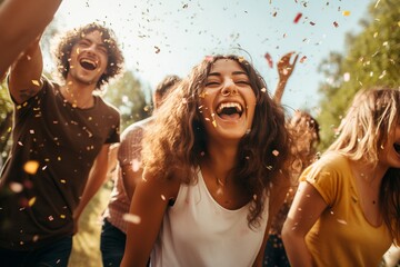 young happy cheerful teenage girls or students with curly brown hair, open arms and a big smile throwing confetti into the air, celebrating a party. Summer day outdoors. Generative AI technology