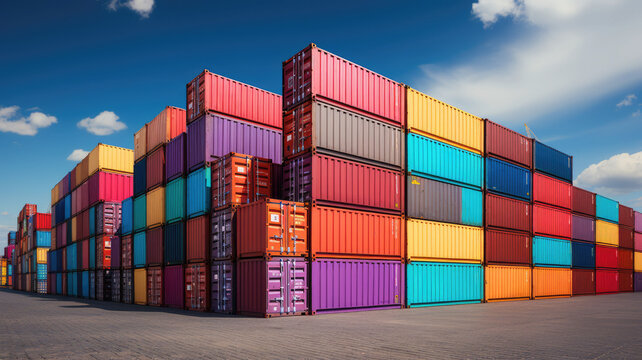 photograph of multicolored containers at a port for advertising and background wide angle lens daylight white generative ai