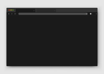 An empty browser window is black on a gray background. Website layout with search bar, toolbar and buttons. Vector EPS 10.