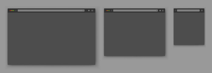Fototapeta na wymiar Browser windows. A set of realistic empty gray browser windows of different shapes with a toolbar, a search bar and a shadow on a dark gray background. Vector EPS 10.
