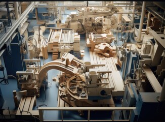 Fiberglass production industry equipment at manufacture background, wide-focus lens. Created with Generative AI technology.