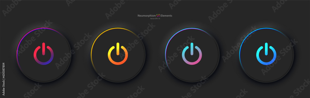 Poster a set of four round buttons with the power symbol in black. user interface elements for mobile devic