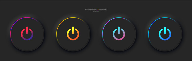 A set of four round buttons with the power symbol in black. User interface elements for mobile devices in the style of neumorphism, UI, UX. Vector EPS 10. - obrazy, fototapety, plakaty