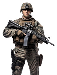 Fototapeta premium Soldier Holding A Gun Isolated on Transparent Background 