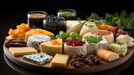 Messy Slices of Cheese, Cut into Different Shapes on Wooden Plates, Set on a Captivating Black Background, a Culinary Delight
