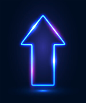 Neon arrow with shining effects, highlights on a dark background. Futuristic modern neon glowing frame. Vector illustration.