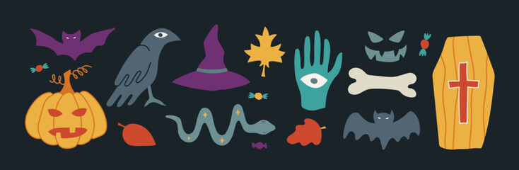 Halloween contemporary trendy vector illustrations set. Hand drawn modern colorful elements collection Bats, pumpkin, snake, coffin, raven and candies. Autumn holiday bundle with isolated items