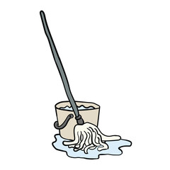 Cartoon mop and bucket for cleaning the house hand-drawn on a white background.